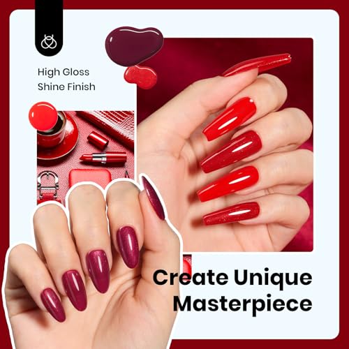 Image of Beetles Red Gel Nail Polish Set-15ML 6 Colors Shimmer Bloody Red Burgundy Gel Polish Kit Soak Off UV Full Size Nail Art Salon Design DIY Gift for Women Colorful Bottle