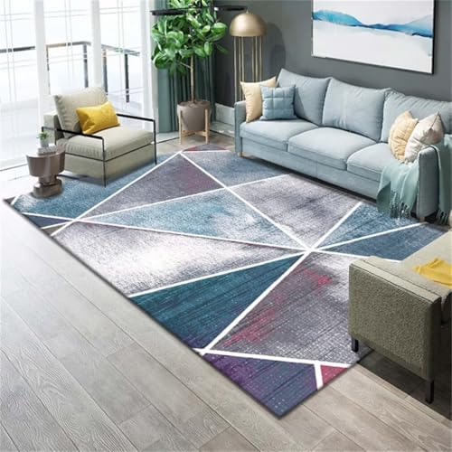 Tapis de salon géométrique bleu et gris lavable 100x200 cm