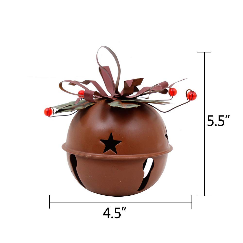 Red Metal Hanging Jingle Bell Decoration Set of 2 Rustic Cut-outs Star Metal Xmas Decorative Jingle Bell Ornament ,Metal Ribbon Festive Rustic Holiday Jingle Bell Christmas Tree Sled Deco (Small)