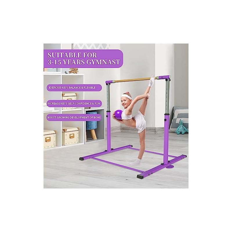 EL&IT·Wings Kip Bar,Horizontal Bar,Adjustable Height 3'-5' Gymnastics Bar，Fiberglass Rail & 304 Stainless Steel Regulating Arms，Kids and Gymnast Exercise Home&Gym Club Use (53*9.7*7inch, Purple, 1) - Image 3
