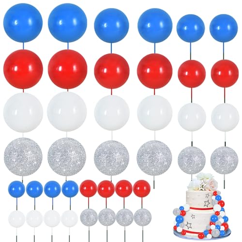 BEISHIDA 40 Pcs Foam Ball Cake Toppers with Sticks Mini Cake Decorations for Birthdays, Weddings, Baby Showers, DIY Baking Supplies, Anniversary Party (Red, Blue, White，Silver)