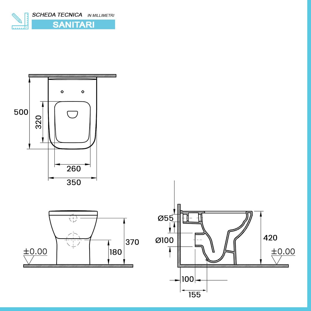 Wc singolo filomuro senza brida bianco lucido, scarico multiplo a parete o a pavimento, fissaggi inclusi, PLANA