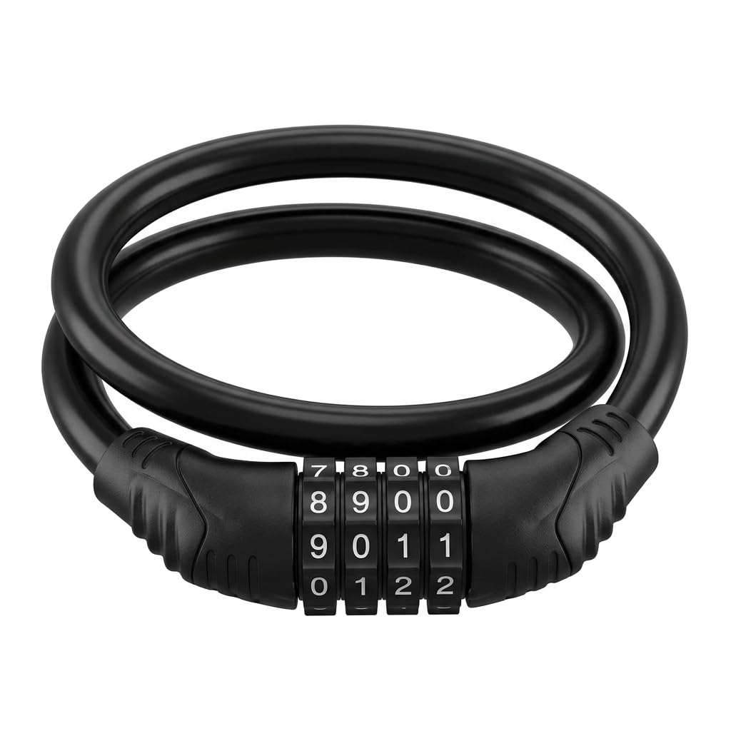 Candado Bicicleta Antirrobo de 4 Dígitos, Cable de Seguridad de Acero Resistente, Candado Bici Combinación Universal para Patinete Eléctrico, Moto, Scooter y Casco, Ligero y Duradero