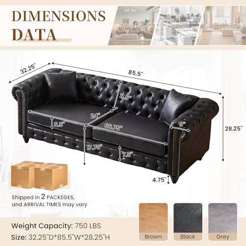 Image of Mid Century Modern Couch, 85.5 inchW Faux Leather Button Tufted Oversized Loveseat Sofa with Nailhead Trim & Roll Armrests, Deep Seat Comfy Chesterfield Sofa for Living Room, Office(3 Seater, Black)