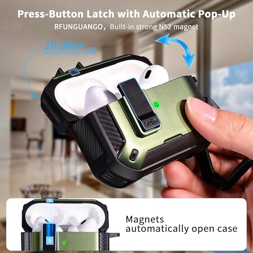 Image of RFUNGUANGO AirPods Pro 2 Case with Lock Phone Stand Magsafe, Military Green