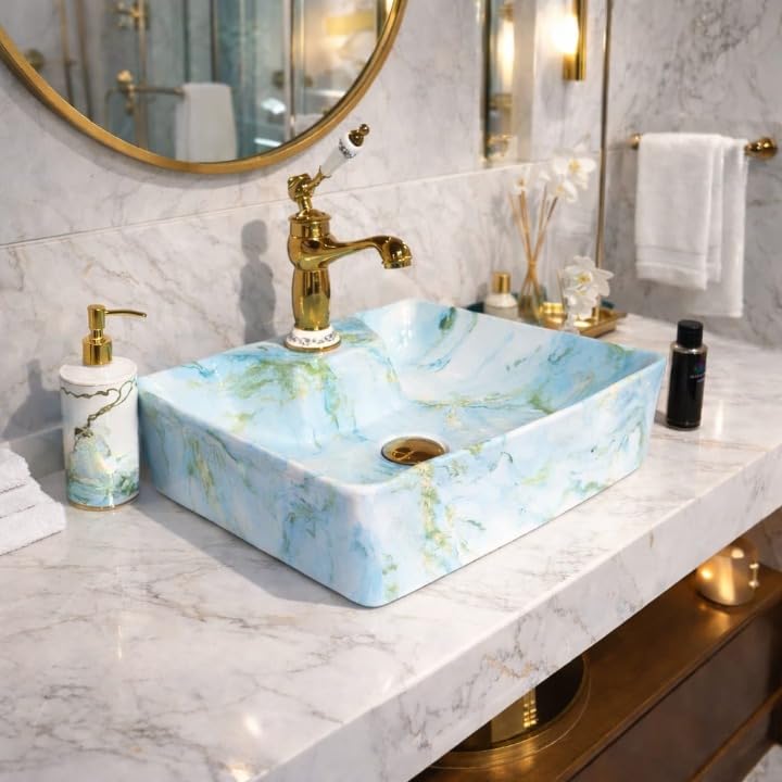 Image of Ceramic Tabletop Wash Basin - Glossy Rectangular Countertop Vessel Sink with Marble Finish for Bathroom & Vanity | Compact 16 x 13 x 5 Inch | Elegant Washbasin