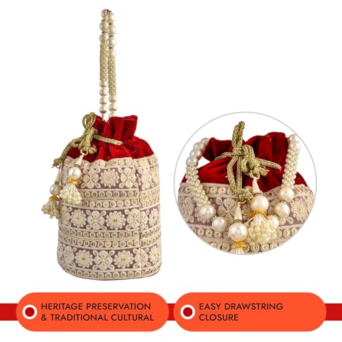 Image of Kuber Industries Potli | Velvet Wedding Potli | Beads Handle Potli | Wallet Potli | Christmas Gift Potli | Baby Shower Potli | Lucknowi Potli | Embroidery Potli | Red