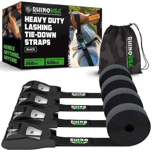 Rhino USA Sangles d'Arrimage (4) - Résistance Maximale à la Rupture de 500kg, Comprend (4) Sangles de Traction de 2.5cm x 3.6m, Sangles de Fixation pour Chargement,...