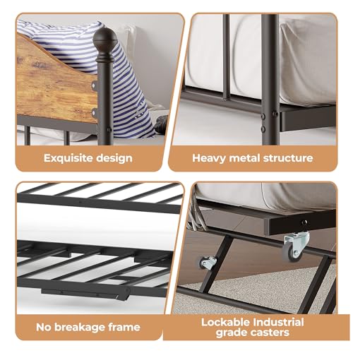 Image of Garvee Twin Daybed with Trundle, Twin Bed Frame with with Stylish Headboard, Heavy Duty Steel Slats Platform for Living Room, Bedroom, Brown