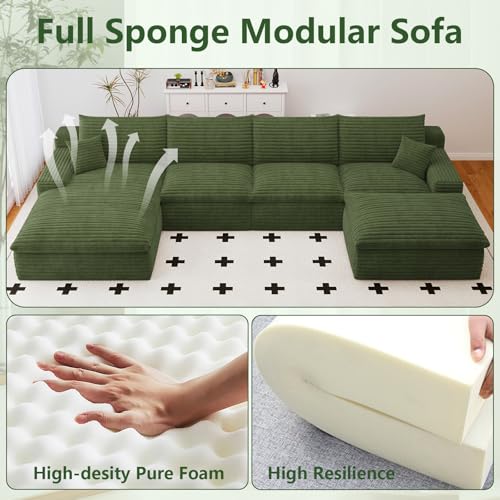 Image of 136 inch Cloud Couch Modular Sectional Sofa for Living Room, U-Shape Boneless Couch with Deep Seat, Modern Corduroy 4-Seater with Ottoman, No Assembly Required (Green,Left-Facing Chaise)