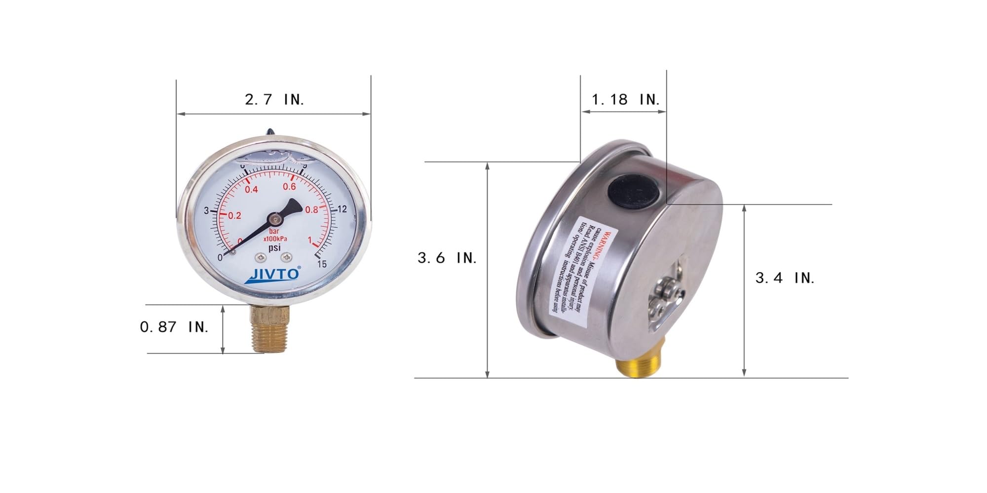 Manometro, Manometro riempito di glicerina 2,5 pollici 1/4 BSP Attacco inferiore 15,30,60, 100,160,200,300,400,600,3000 Psi e bar, antiurto