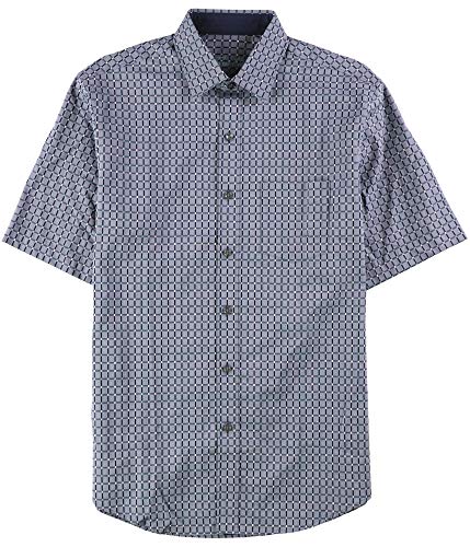 Tasso Elba Mens Grid-Pattern Button Up Shirt, Blue, Small