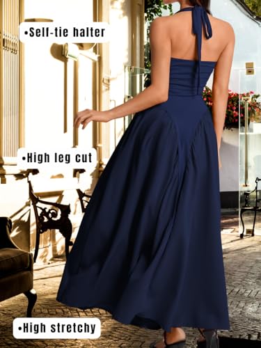 Image of ChiaoLezhee Deep V Neck Dress, Halter Maxi Dresses, Vacation Date Night, Sexy for Women Corset Flowy Wedding Guest Drop Waist