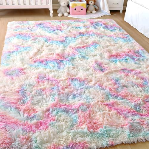 Ompaa Soft Fluffy Rainbow Kids Rug for Girls Bedroom Carpets, 4x6...
