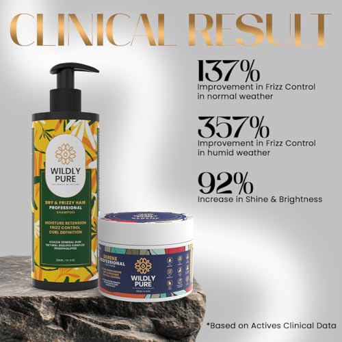 Image of WILDLY PURE Frizz Control Shampoo and Hair Mask Combo for Dry & Frizzy Hair, with Hyaluronic Acid, Natural Biolipids & Acacia Senegal Gum, 300mL + 200mL
