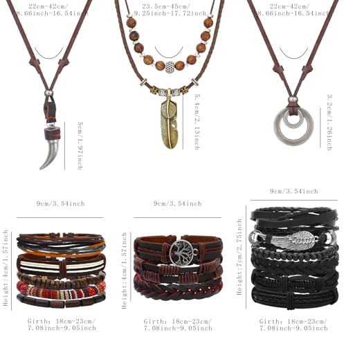 NEWITIN 17 Pieces Braided Leather Jewelry Set for Men Woven Faux Leather Layered Necklaces Cuff Wrap Bracelets Retro Bohemian Jewelry Set for Men Women2