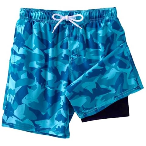Angel season Boys Swim Trunks with Compression Liner Boxer Brief Teens Swimsuit Youth UPF 50+ Board Short Shark Green Blue Size 13-14 Years Cover