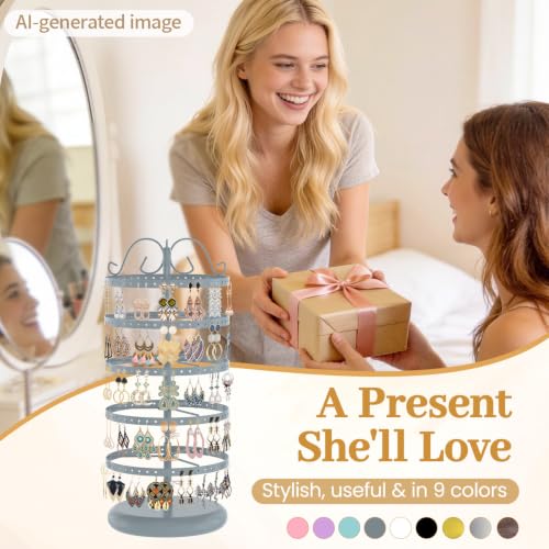 Image of MODOWEY Rotating Earring Holder Organizer Stand, 5 Tier Metal Tree Display for Women Vendors, 220 Holes Adjustable Jewelry rack for Stud Hoop Dangle Storage, Trendy Carousel Keeps Dresser Neat, Gray