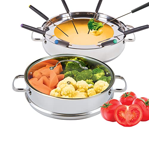Nuwave Design-18/8 Stainless Steel Cookware,Free Of Ptfe Pfoa Pfos,Fondue Pot Set,Works On All Cooktops And Induction Cooker,Include Pot,Steamer Basket,Glass Lid And 8 Fondue Forks,10 -Yeär Wärranty #TOP1