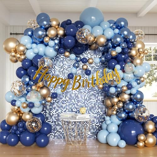 Image of Blue Gold Birthday Decorations - 104 Piece Metallic Party Kit with Balloons, Happy Birthday Banner (Card Board) & Gold Accents for Boys Birthday Party Supplies (Blue Gold)