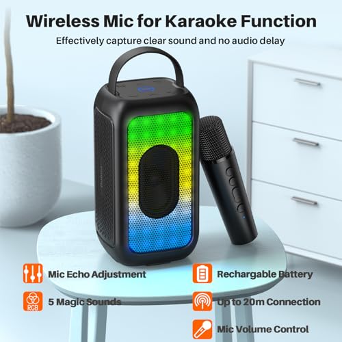 Bobtot Portable Bluetooth Speaker, 16H Playtime Wireless Speakers, 40W Peak Singing Machine with Microphone, Magic Sound, Echo, EQ Mode, Loud Stereo, Deep Bass, RGB, Supports AUX/USB/FM, Black