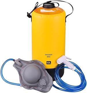 Bolsa de ducha portátil, PVC 500D 12L Bolsa de ducha plegable al aire libre Cabezal de ducha operado con pies para senderismo Lavado de coches Camping (amarillo)