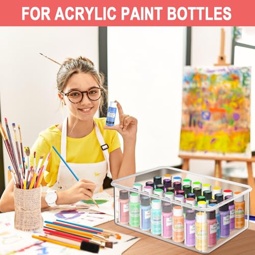Image of Vowcarol Acrylic Paint Storage Box for 2 fl. oz Acrylic Paints, 48 Bottles Capacity, Brushes Craft Organizer with Handle