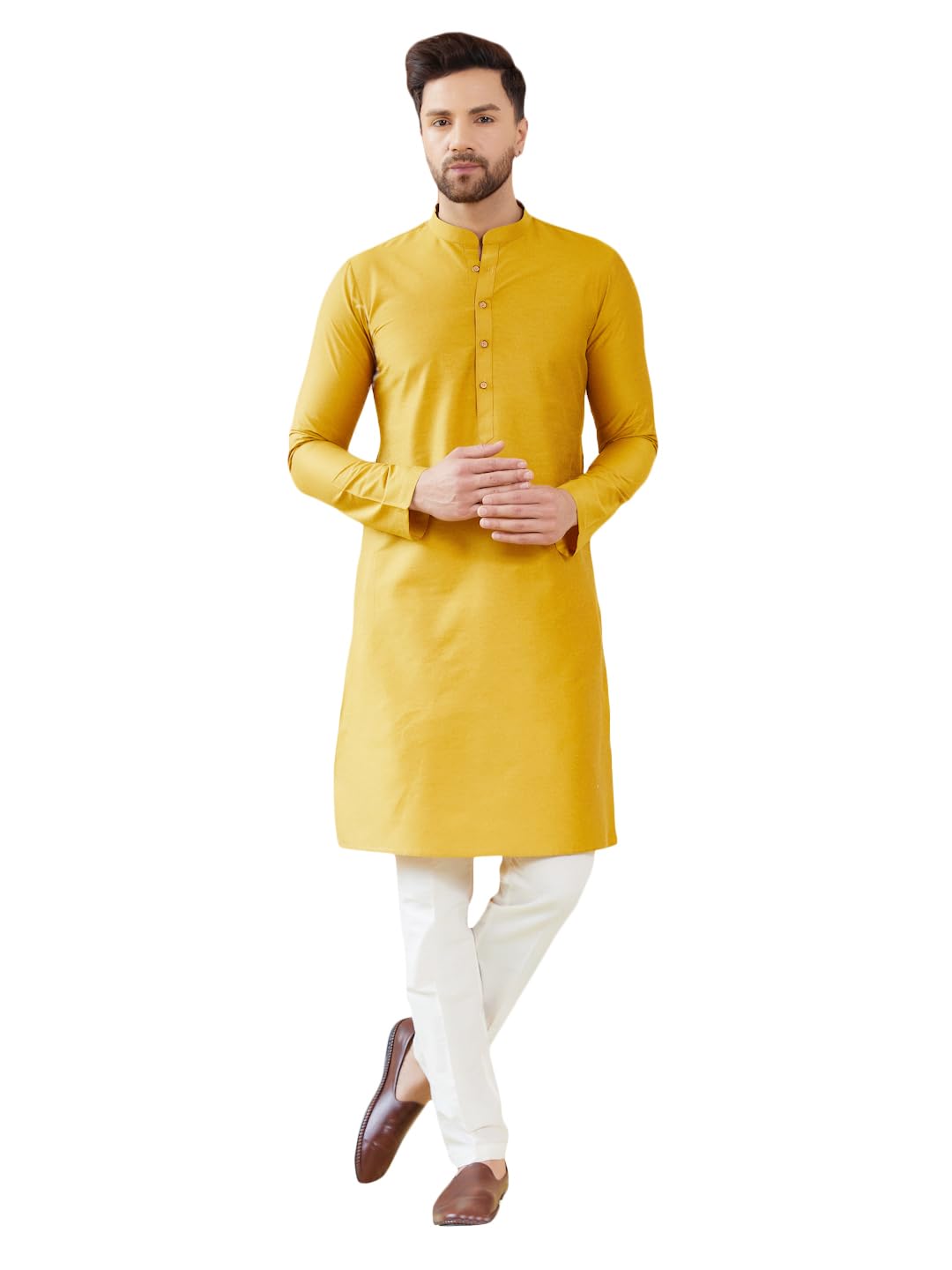 See Designs Men Long Sleeve Side Slit Mandarin Collar Yellow Cotton Solid Straight Kurta - Sdkt2470Xs