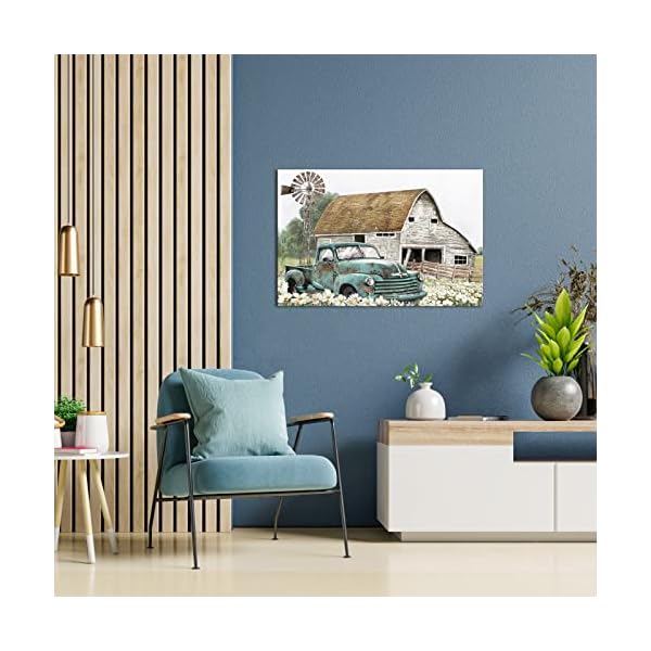   Apicoture-Farmhouse-Decor-Wall-Art-Pictures-Old-Barn-Windmill-Teal-Car-Canvas-Arts-Rustic-Country-Landscape-Painting-Picture-Wall-Decor-Framed-Teal-blue
