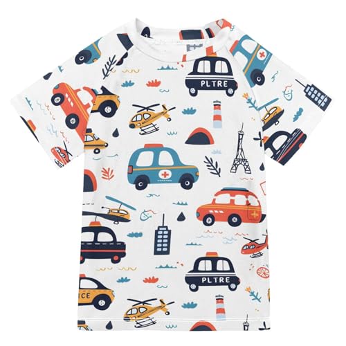ALAZA Kids Rash Guard Boys Toddler Swim Shirts Short Sleeve Traffic Car Plane UPF 50+ 3T