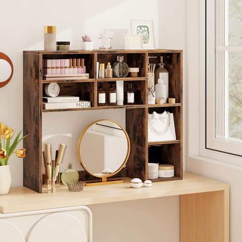Image of Tangkula Desktop Bookshelf, 37 inch Countertop Storage Hutch with 7 Cubes & 3 Adjustable Shelves, 3-Tier Desk Display Rack Organizer, Multipurpose Wood Desktop Hutch for Dorm Home Office (Rustic Brown)