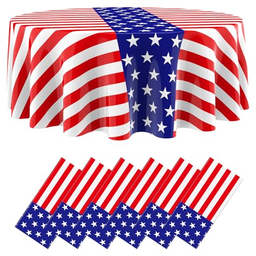 Image of Oudain 4th of July Decoration Tablecloths 84 Inch Plastic 250th Anniversary Patriotic Tablecloth American Flag Red White Blue Disposable Tablecover for Memorial Day Party Supplies(6 Pcs,Stripe)