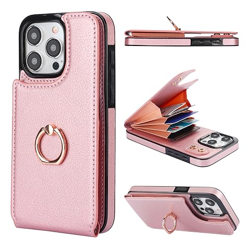 Folosu Compatible with iPhone 15 Pro Max Case Wallet with Card Holder, 360°Rotation Finger Ring Holder Kickstand, RFID Blocking Leather Protective Double Buttons Shockproof Cover 6.7 Inch Rose Gold