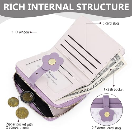 Image of Farcauo Cute Floral Womens Wallet Small Wallets for Women Thin Purple Women's Wallet Kawaii Flower Card Wallets for Women Ladies