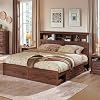Farmhouse King Size Wood Bed Frame with 52 Tall Storage Headboard and 4 DrawersLED LightCharging StationSolid Wood Slats SupportNoiselessNo Box Spring NeededBrown