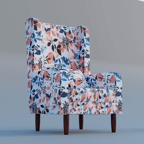 Image of Custom Decor Wooden Wing Chair with Ottoman Stool | Wingback for Living Room | One Seater Sofa | High Density Foam | Accent Chair for Seating and Home Decor Furniture | (Floral Frost, with Ottoman)