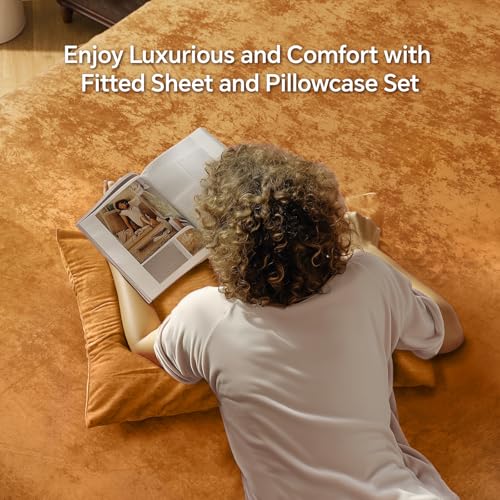 BEDELITE Velvet Fitted Sheet and Pillowcases Set, Luxury Soft Fuzzy Bottom Sheet with Reinforced Elastic Corner Straps, Deep Pocket up to 15 Inch, 1 Fitted Sheet and 2 Pillowcases (King, Burnt Orange)