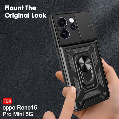 Image of TheGiftKart Tough Armor Bumper Back Cover Case for Oppo Reno 15 Pro Mini 5G | Sliding Camera Cover, Kickstand & Ring Holder | 360 Degree Protection Back Cover for Reno15 Pro Mini 5G (PC & TPU, Black)
