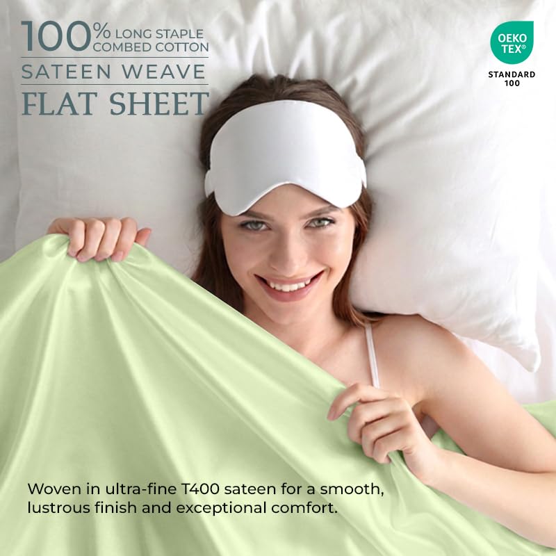 Image of Royale Linen 400 Thread Count Queen Size Flat Sheet Only - Cooling Sheets - 100% Cotton Flat Sheet Only Sold Separately - Luxury Sateen Weave - Super Soft Top Sheets Only (Queen, Florentine Sage)