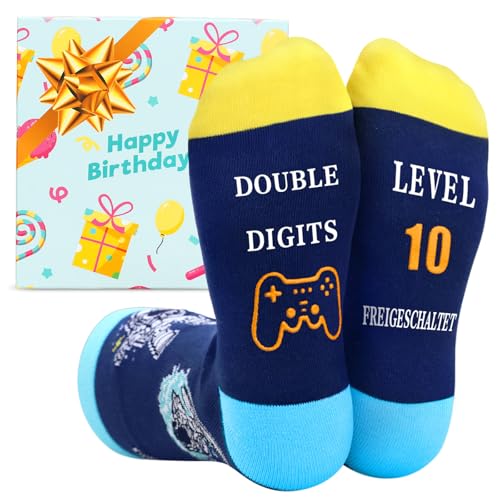 ZENO Lustige Socken Jungen – Geschenk Geburtstag 10 Jahre, Coole Socken Kinder, Gaming-Design für Jungen, Baumwolle, Größe 33-36, 'Level 10 Freigeschaltet