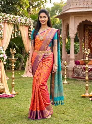 Image of VFCollections Women's Traditional Handloom Kanchipuram Silk Saree | Rich Zari Woven Design | Unstitched Blouse Piece