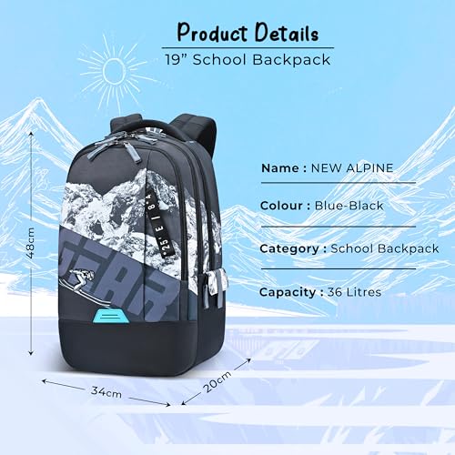 Image of Gear New Alpine 19 inch /36L Large Water Resistant School Bag | Casual Backpack | Daypack | Travel Backpack | Kids Bag for Boys /Girls (Blue - Black)