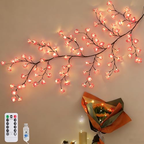 CHENBOOW LED Kirschblüten Zweige Lichter 96 LED Baum Wanddeko Wohnzimmer 180CM Kirschblüten Lichterkette Lichterkette Wanddeko Sakura Vine Wand Deko für Schlafzimmer Deko Weinachtsdeko