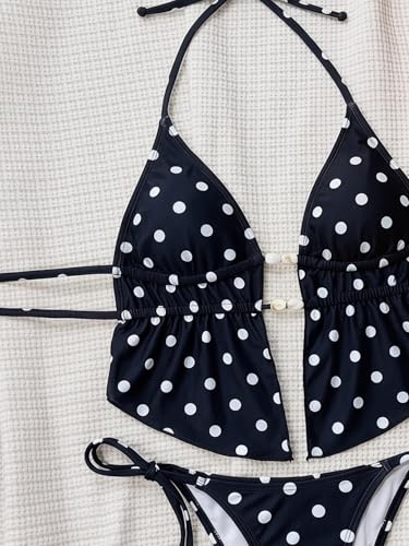 Image of Women's 2 Piece Boho Polka Dots Beaded Bikini Sets Sexy Swimsuits | Halter Swimsuits, Backless, Textured, Tie Side, Tankini Set, Bathing Suits, Summer, Vacation