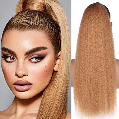 24inch Long Synthetic Wrap Around Magic Paste Ponytail Extension Light Brown Hairpiece Yaki Ponytail for Women