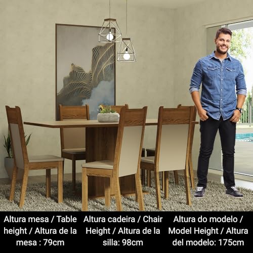 Image of Madesa Augusta 6 Seater Dining Set, Rectangular Engineered Wood Table 160 cm, Brown and Beige Upholstered Chairs, Dining Room Furniture