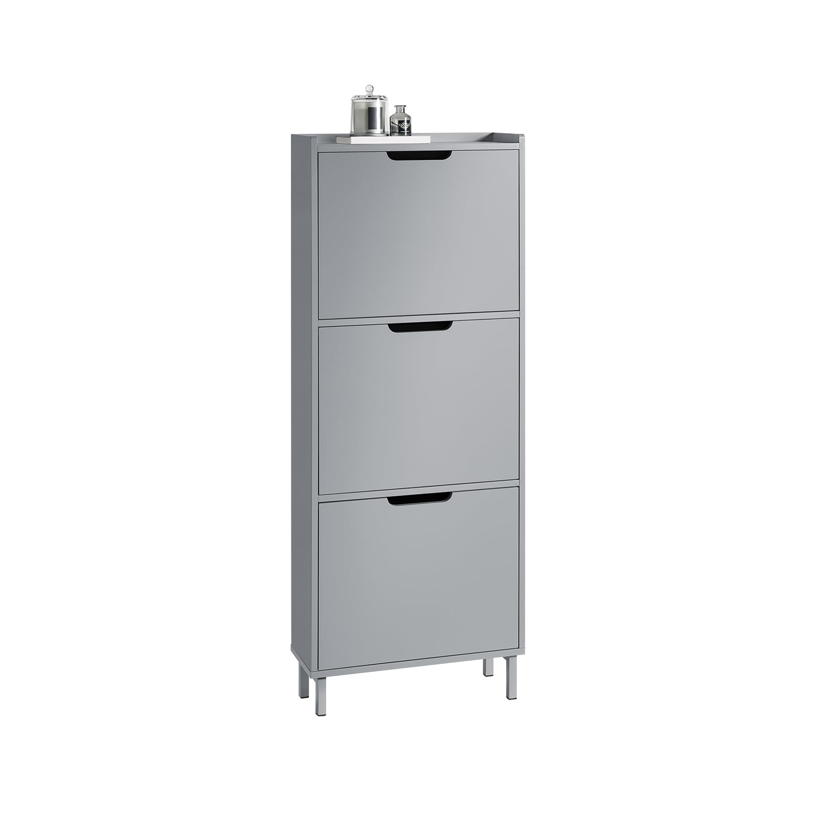 SoBuy Narrow Shoe Rack with 2 Flip Drawers Slim Wooden Shoe Storage Cupboard for Hallway Entrance Foyer or Understairs Grey W50 x D19 x H129cm FSR151-H-HG