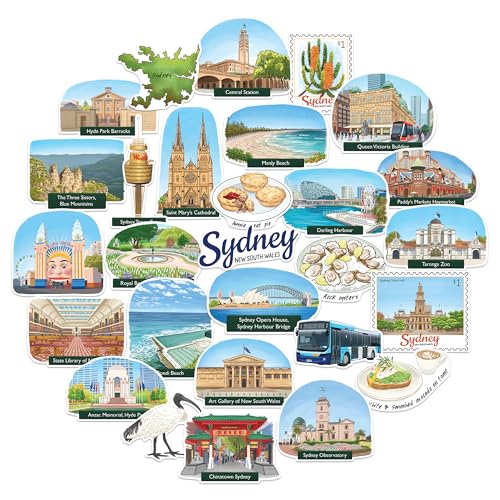 Navy Peony Spectacular Sydney Travel Stickers (28pcs) - Hand-Illustrated, Gouache Style, Australia-Themed Decals for Journals, Scrapbooks, Laptop