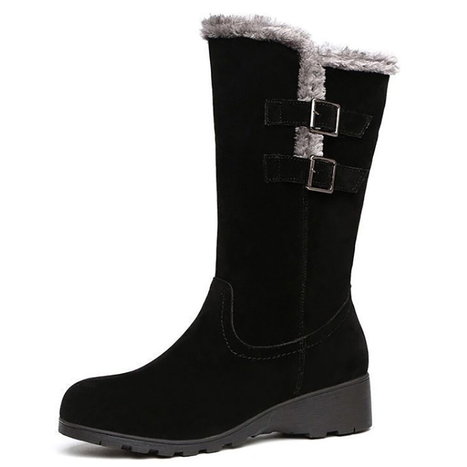 Womens Thickened Warm Lining Slip Resistant Mid Calf Boots Winter Outdoor Fur Trim Wedge Snow Boots with Side