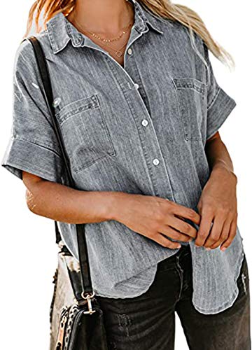 Jug&Po Women's Blouses for Women Long Sleeve Button Down Shirts Roll Up Denim Shirts (Medium, Grey)